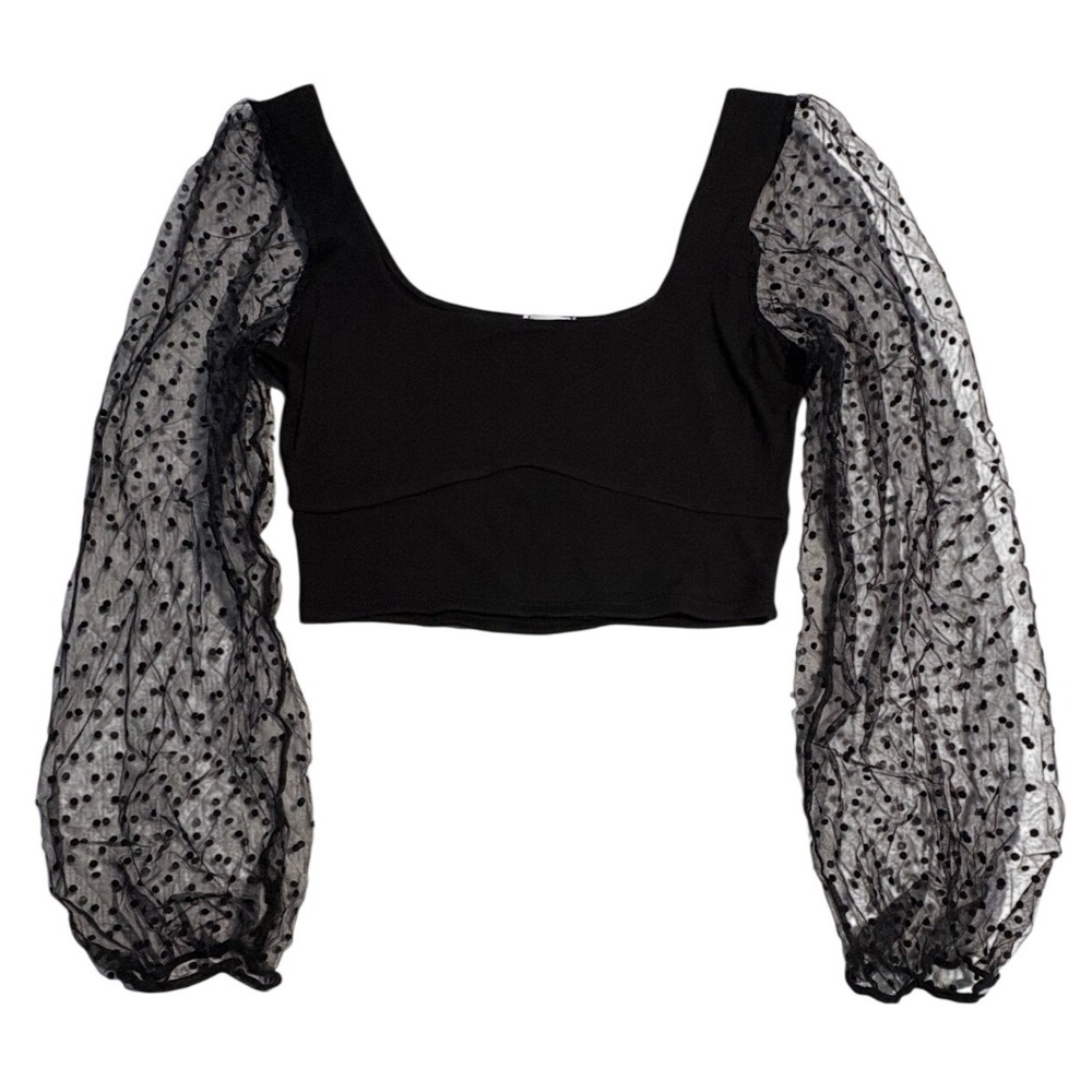 Black Sheer Polka Dot Sheer Puff Sleeve Square Neck‎ Crop Top Womens Size M